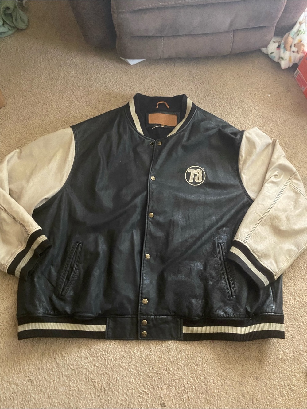 Vintage Timberland Rugged Durable Leather Varsity Jacket 6XL Black Cream Y2K